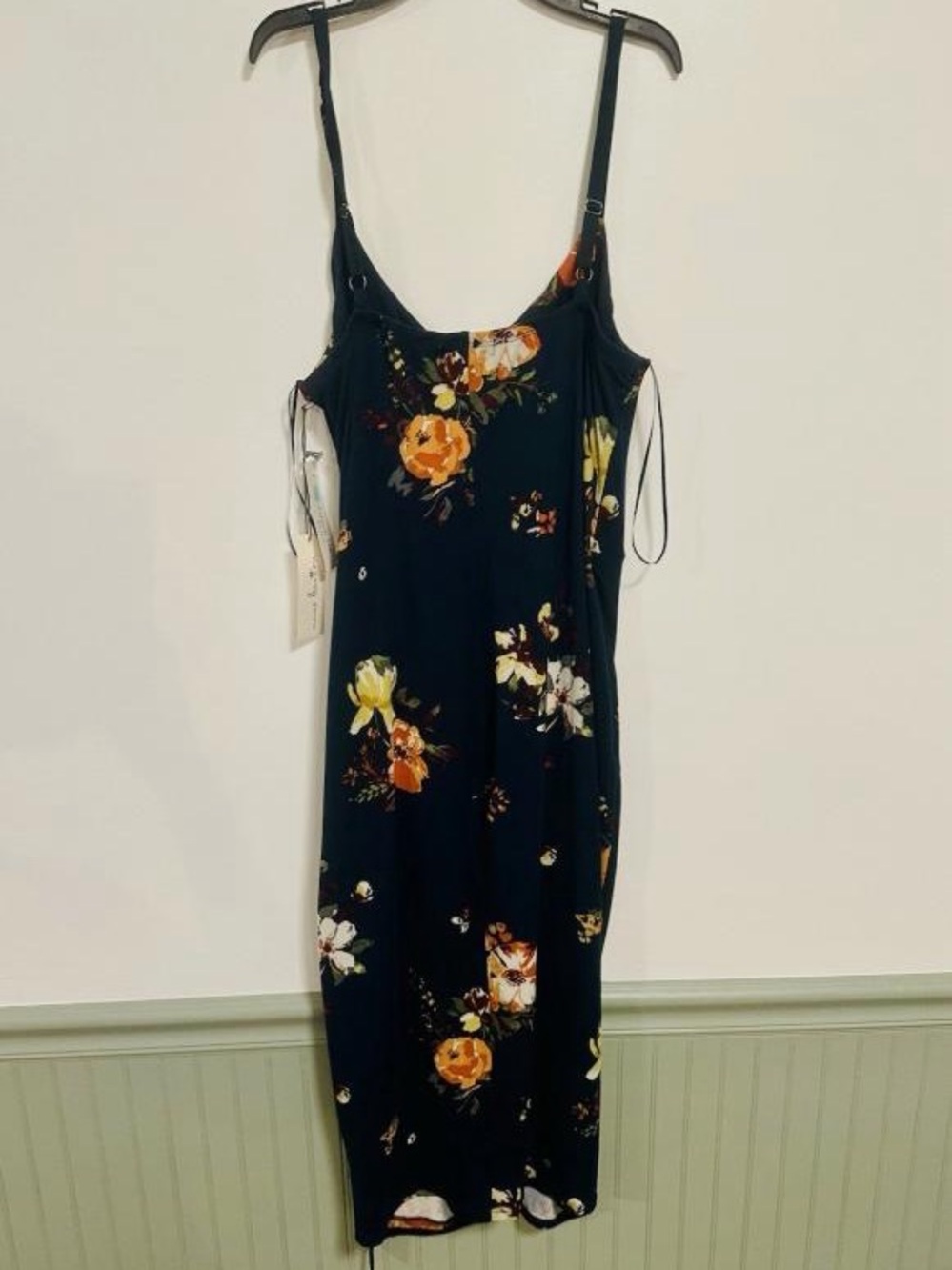 Black Floral Midi Slip Dress with Spaghetti Straps